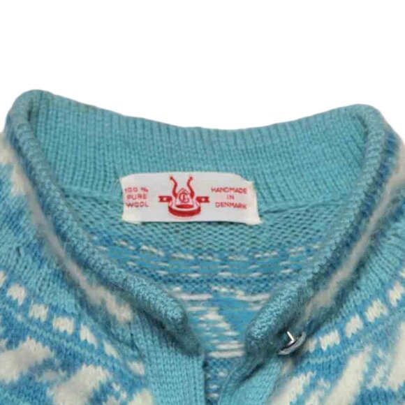 VTG Handmade Wool Fair Isle Cardigan Sweater Blue White Nordic Women's Medium - Picture 3 of 3